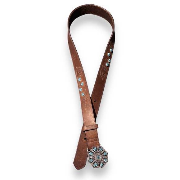 BRIGHTON Brown Leather Belt Blue Enameled Flowers Buckle w/ Embroidery &… - Picture 2 of 5